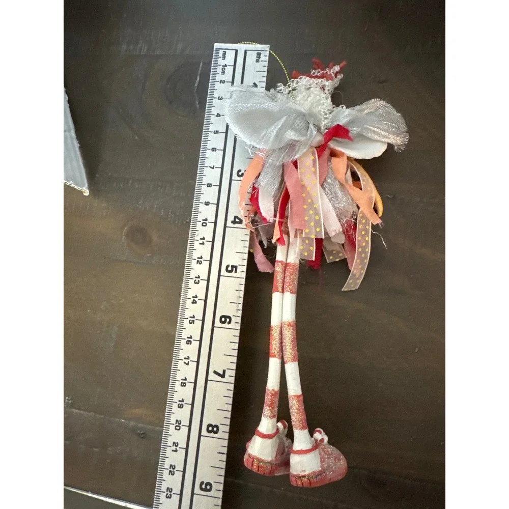 Whimsical Pink Red Fairy Christmas Ornament Striped Legs Glitter 9 Inch 212
